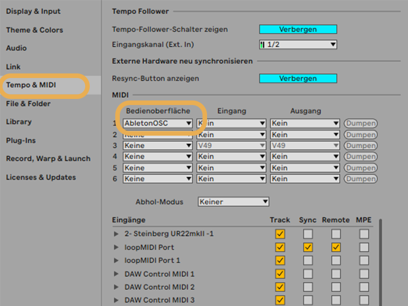 Ableton: AbletonOSC als Bedienoberfläche auswählen