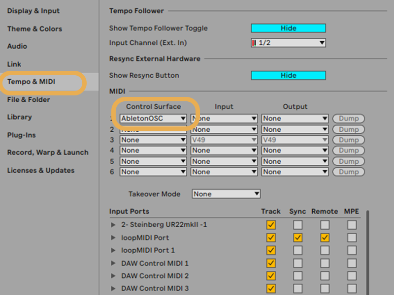 Ableton: select AbletonOSC as Control Surface