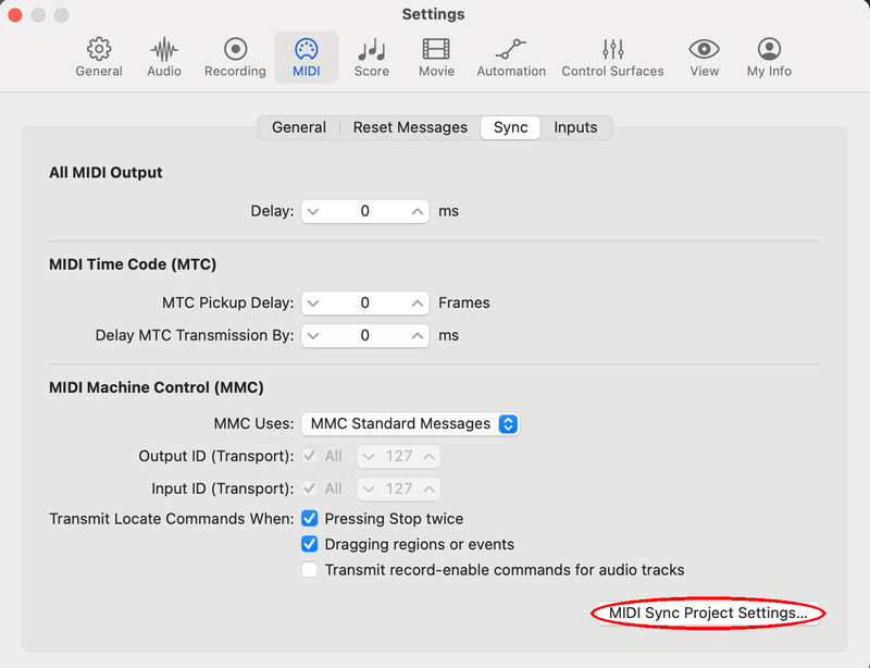 Logic-Einstellungen: MIDI → Sync mit markierter Schaltfläche „MIDI-Sync-Projekteinstellungen